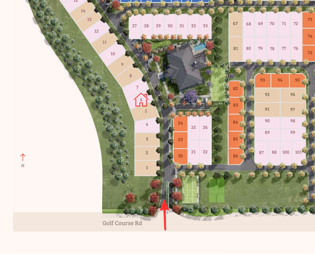 Map showing the Golf Course Road entry to Vital Bendigo and the display home and sales office at Lot 6, beside Bendigo Golf Club.